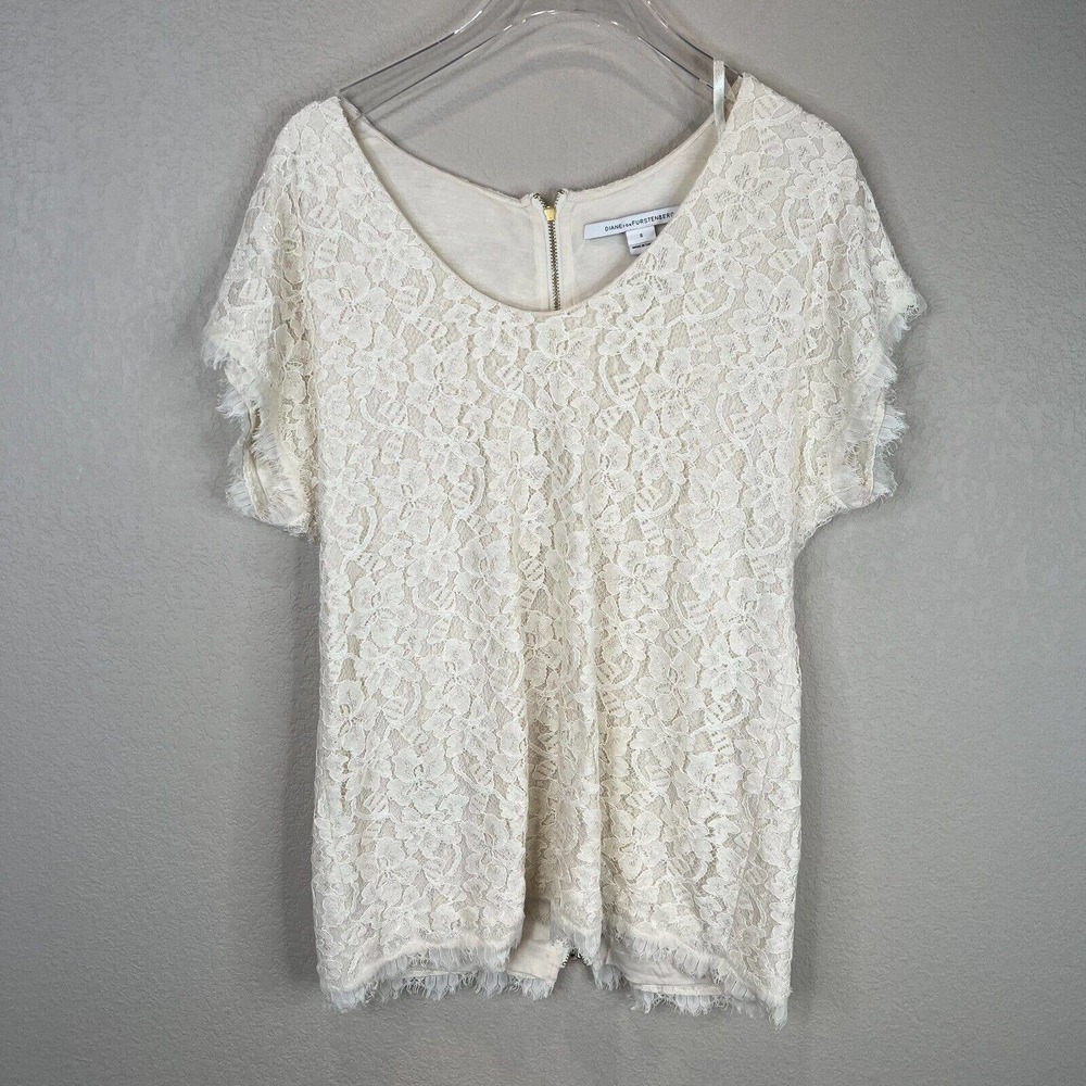 Dianne Von Furstenberg Cholula Blouse Top Size Small Ivory Floral Lace‎ Zip Back